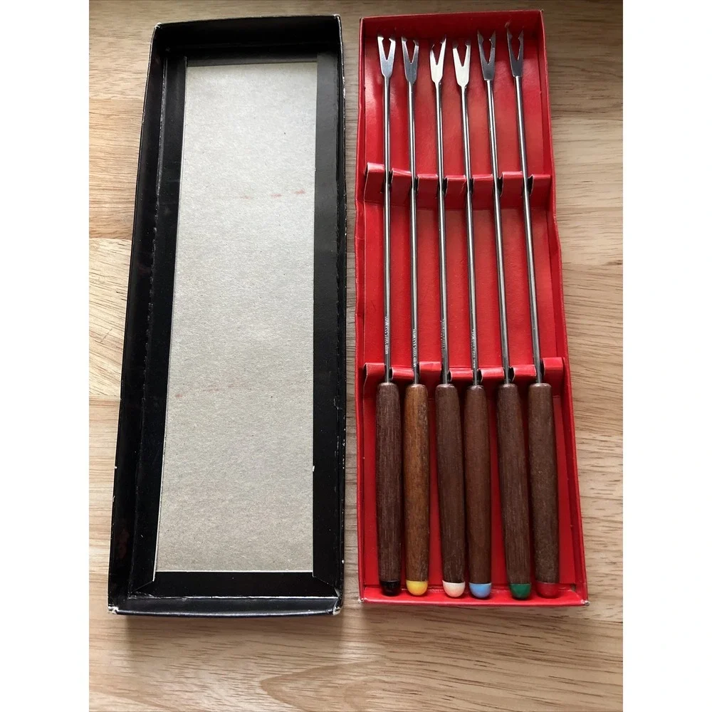 Vintage Retro Mid Century Modern Fondue Forks Set of Six  Teak Handles-In Box
